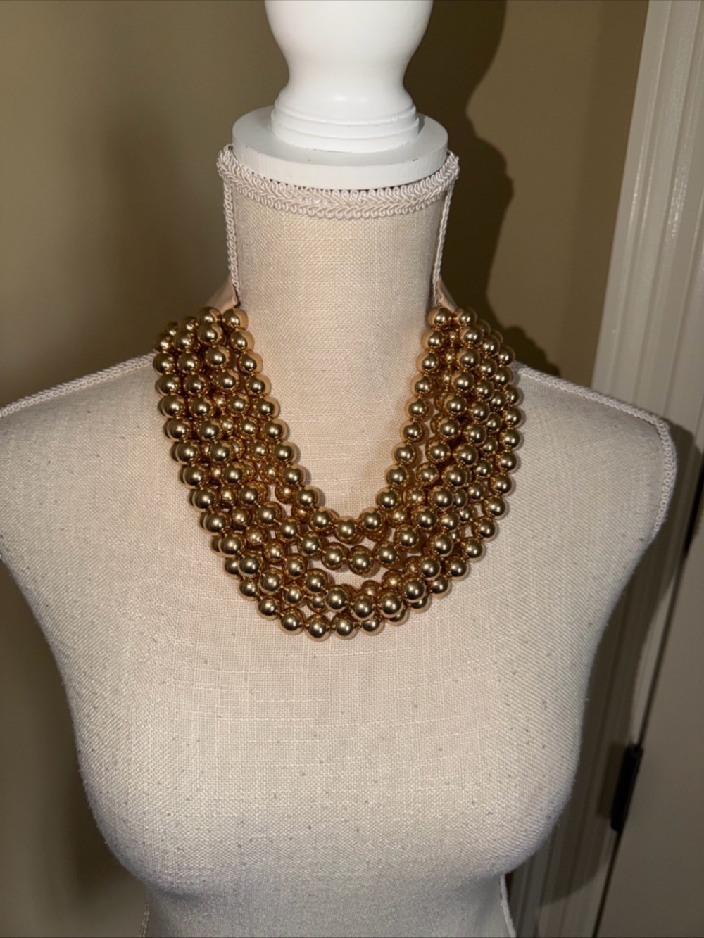 Layered Multi Strand Faux Gold Beaded Necklace Magnetic Closure Leather